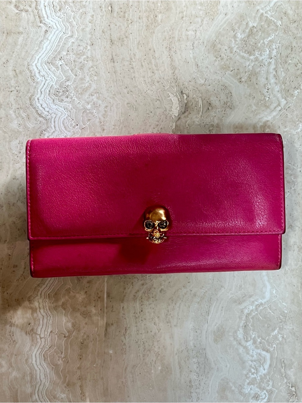 Alexander McQueen Fuchsia Leather Wallet with Gold Skull Detail